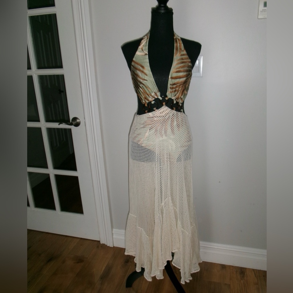 PatBO Sage and Cream Palmera Netted Backless Beach Dress - Picture 3 of 7